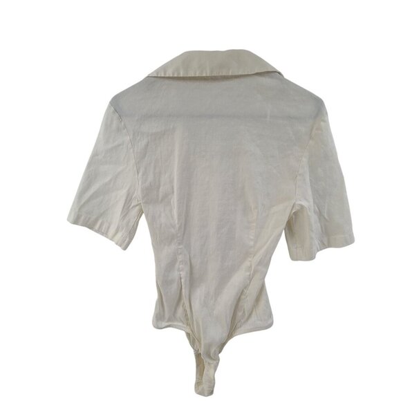 Zara White Elastic Linen Cut out Bodysuit Collard V Neck Short Sleeve Size S - Picture 6 of 9